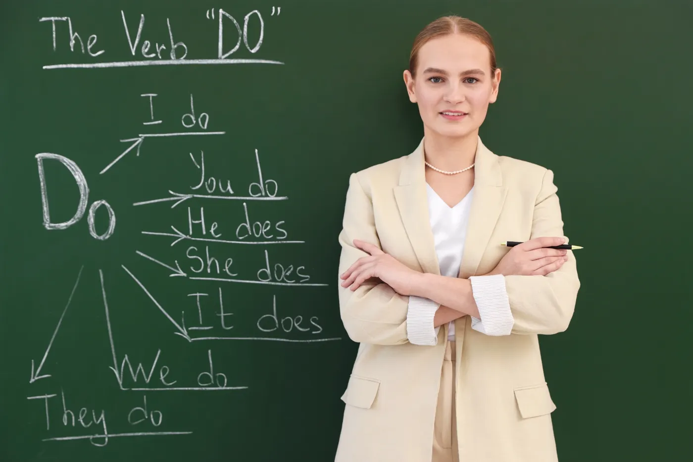 English teacher at a green chalkboard